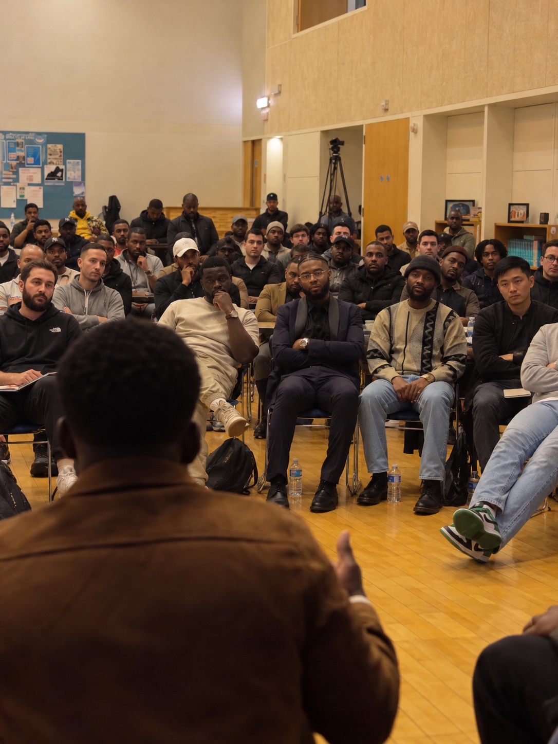 A community audience listening to Coach Ray Sefah speak